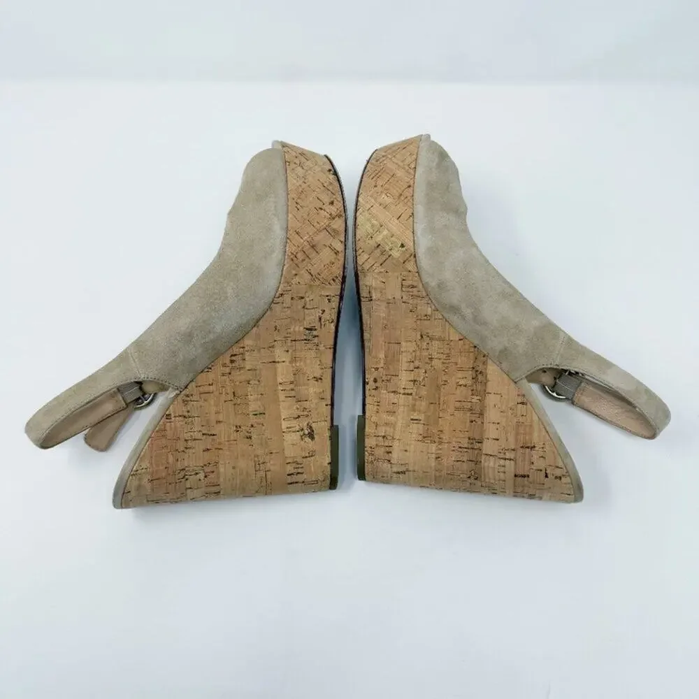 Veronica Beard Tan Suede Peep Toe Slingback Cork Wedges Women's Sz 8.5 High Heel